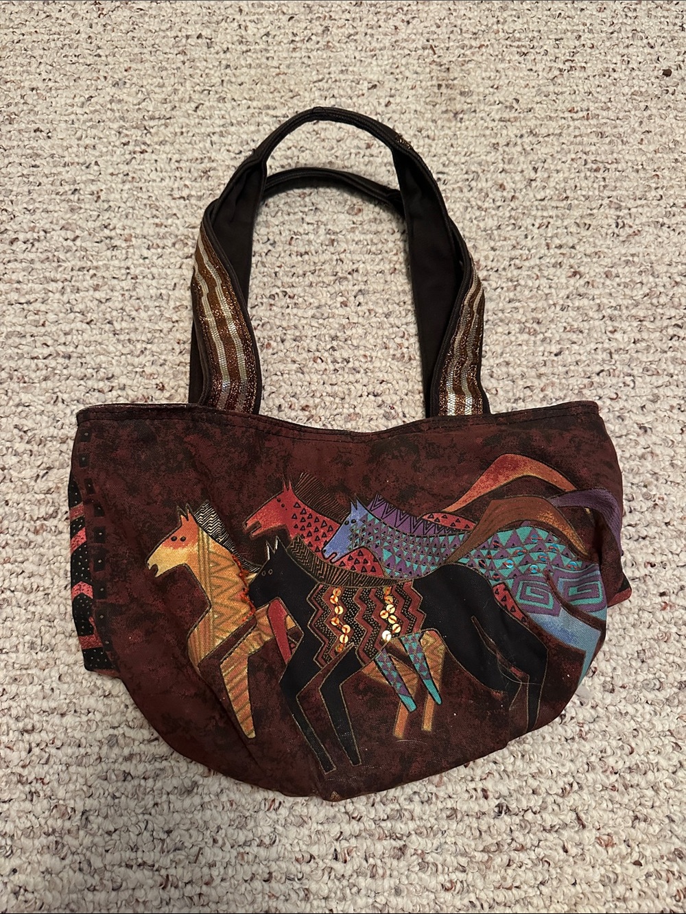 Laurel Burch Brown Tote with Colorful Horse Motif